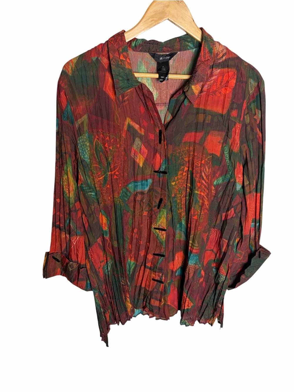 Ali Miles pleated rust/ green abstract floral geometric collared blouse size XL